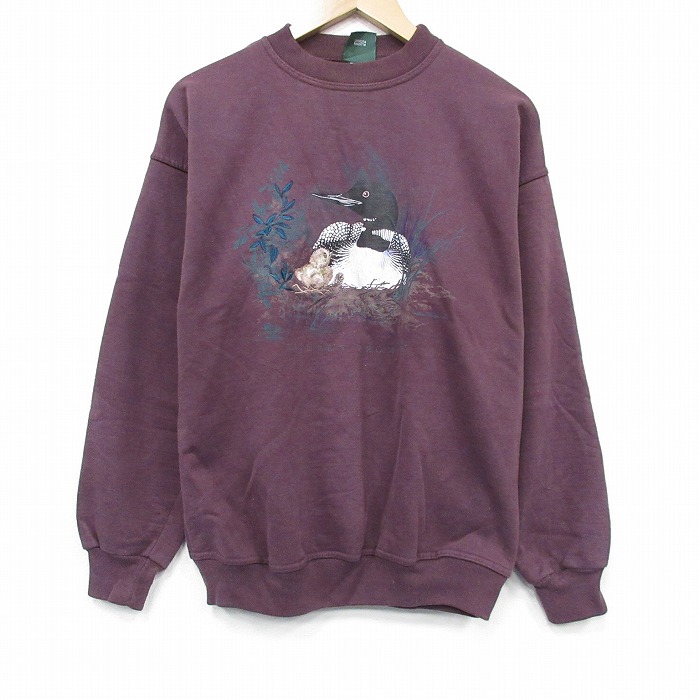 L★古着 NORTHERN REFRECTIONS 長袖 スウェット メンズ 90年代 90s 鳥 刺繍 クルーネック バーガンディ【spe】 26may22