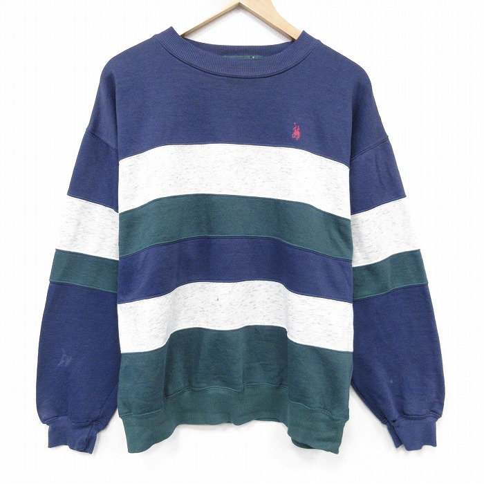 90s 長袖スウェット ワンポイントロゴ ネイビーボーダー L | 古着