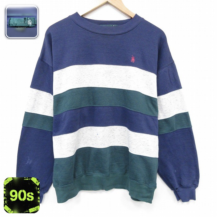【20%OFF】90s 長袖スウェット ワンポイントロゴ ネイビーボーダー メンズL相当 | 古着