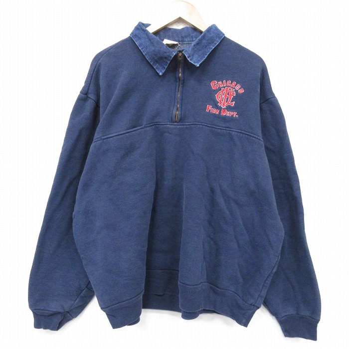 ハーフジップスウェット シカゴ ネイビー XL | 古着