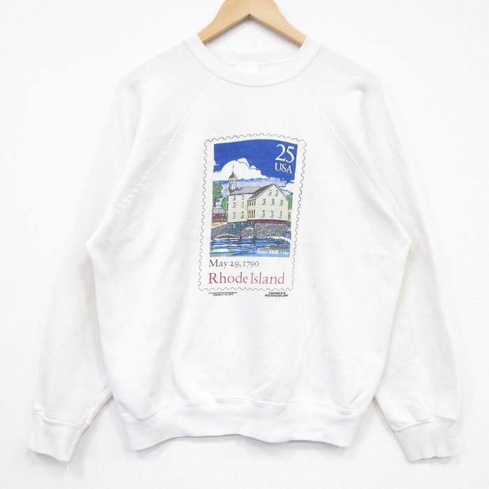 80s 長袖スウェット 切手 ホワイト メンズL相当 | 古着