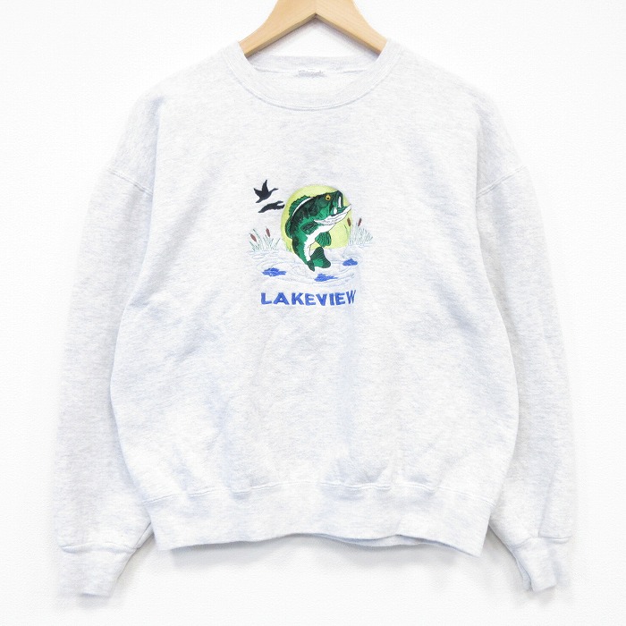 グレー霜降り長袖スウェット 魚刺繍 L | 古着