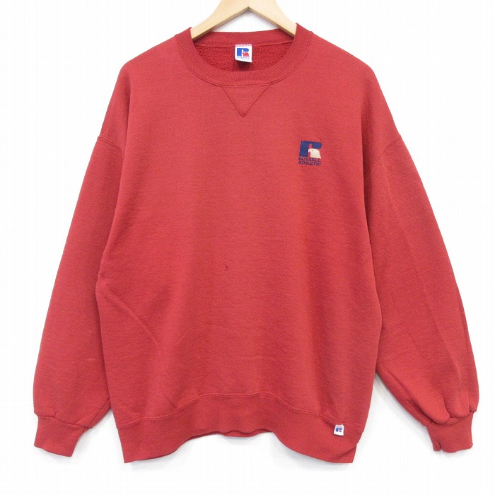 XL★古着 ラッセル 長袖 スウェット メンズ 90年代 90s ワンポイントロゴ  クルーネック USA製 レッド【spe】 26may27