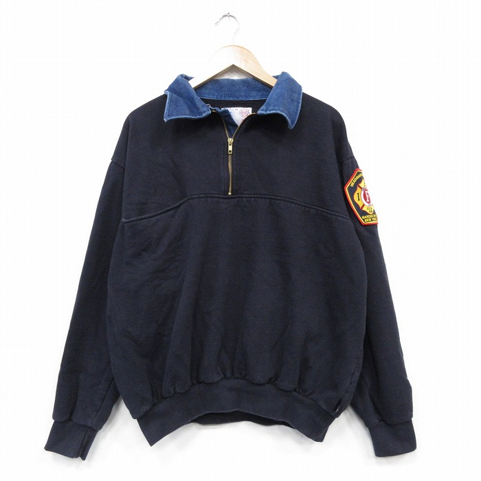 00s ハーフジップスウェット ヒジ当て ブラック XL | 古着