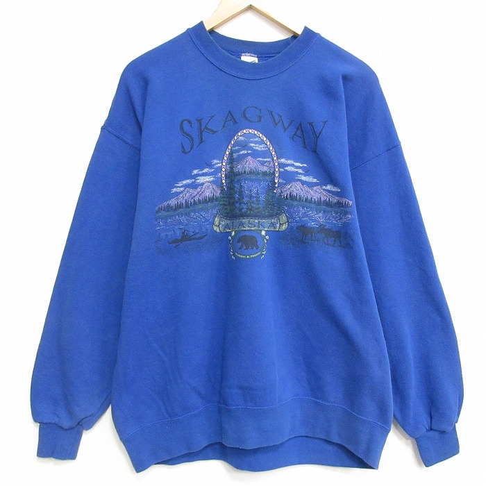 XL★古着 長袖 スウェット メンズ 90年代 90s アラスカ クマ クルーネック USA製 ブルー【spe】 26may28