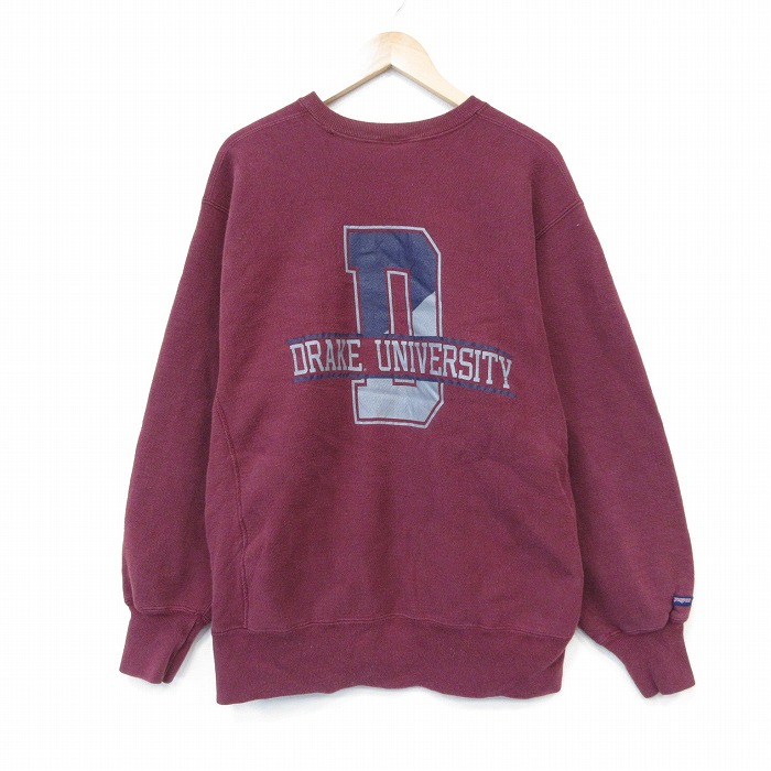 XL★古着 ジャンスポーツ 長袖 スウェット メンズ 90年代 90s DRAKE カレッジ リバースタイプ クルーネック USA製 バーガンディ【spe】 26may29