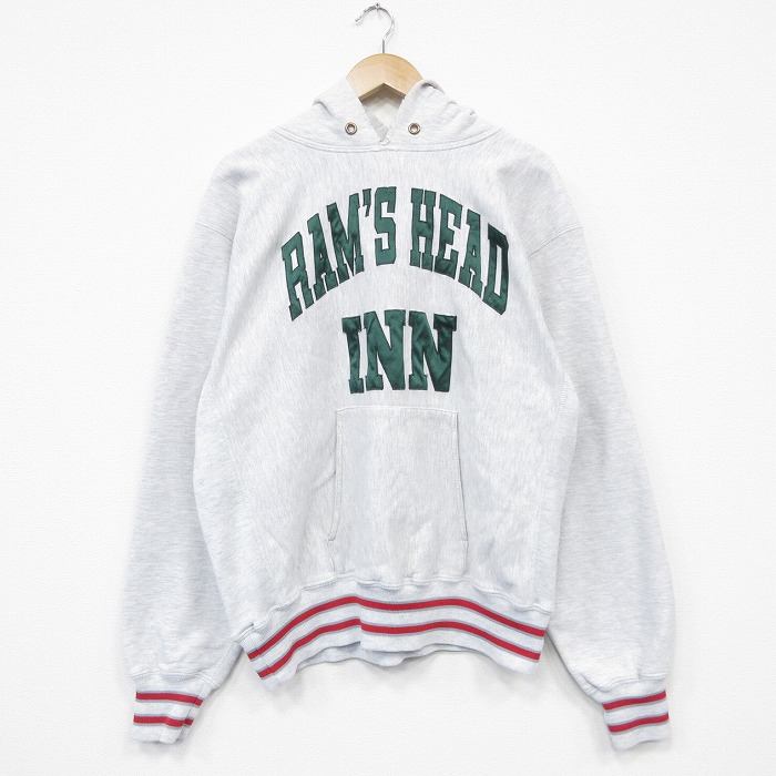 XL★古着 長袖 スウェット パーカー メンズ 90年代 90s INN 刺繍 リバースタイプ USA製 グレー 霜降り 26may29
