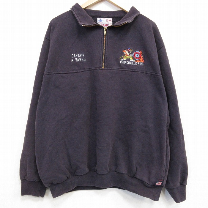 90s ハーフジップスウェット ファイヤーレスキュー ブラック XL | 古着