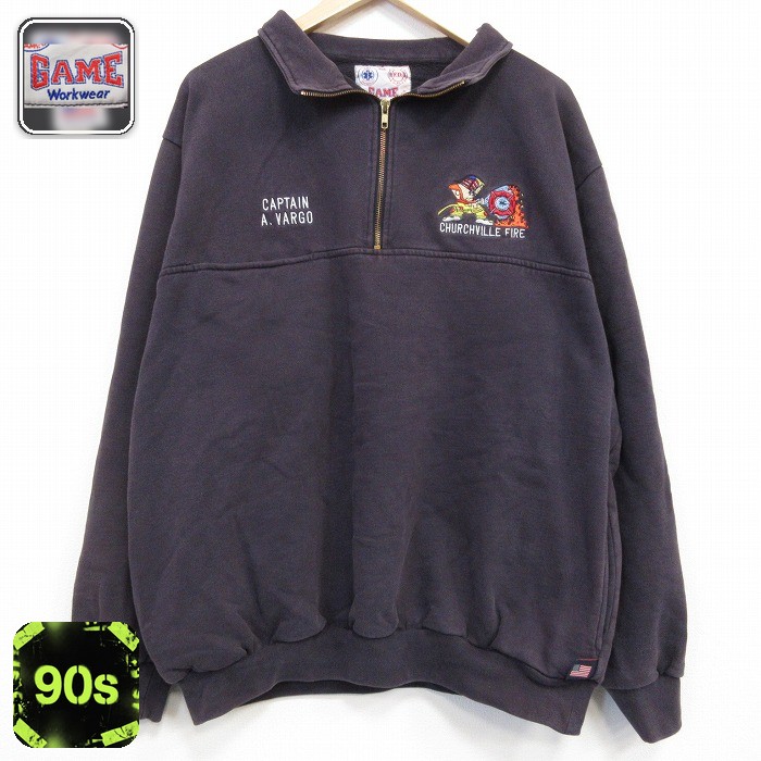 【20%OFF】90s ハーフジップスウェット ファイヤーレスキュー ブラック メンズXL相当 | 古着