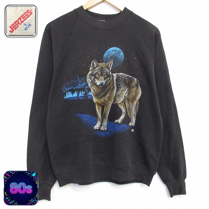 【20%OFF】80s ラグランスウェット オオカミ ブラック メンズM相当 | 古着
