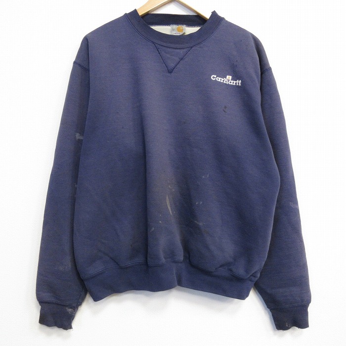 XL★古着 カーハート 長袖 スウェット メンズ 90年代 90s ワンポイントロゴ フェード クルーネック ネイビー【spe】 26jun03