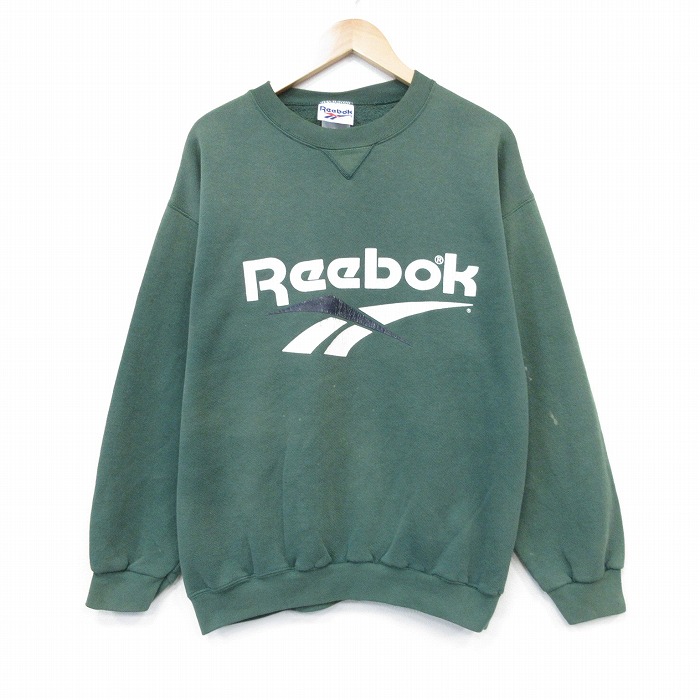 L★古着 リーボック 長袖 スウェット メンズ 90年代 90s ビッグロゴ クルーネック グリーン 26jun09