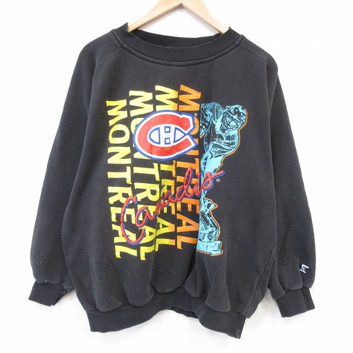 XL★古着 長袖 スウェット メンズ 90年代 90s NHL モントリオールカナディアンズ 大きいサイズ ラグラン クルーネック ブラック アイスホッケー 26jun09