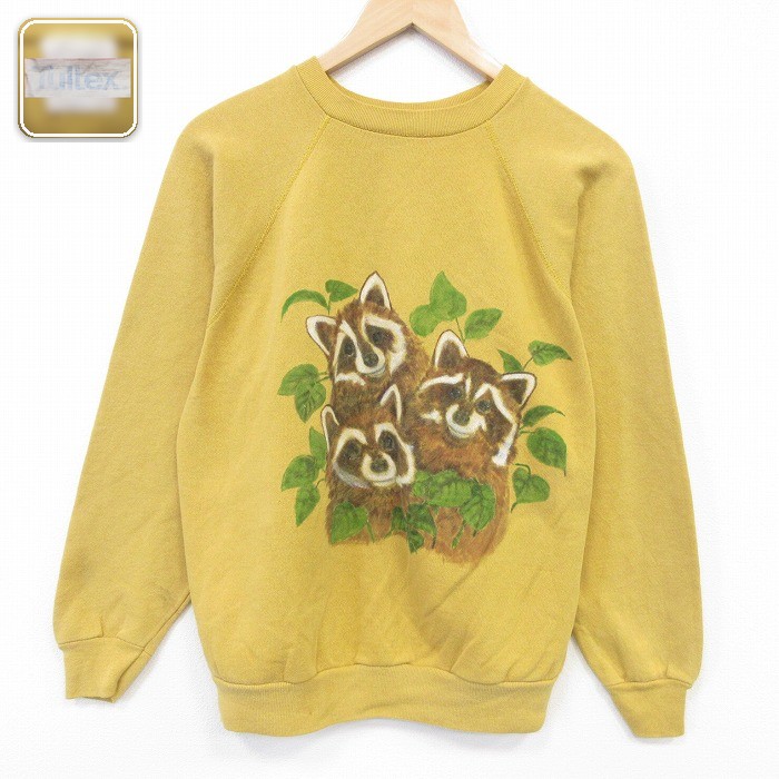 【20%OFF】80s ラグランスウェット アライグマハンドペイント イエロー メンズM相当 | 古着