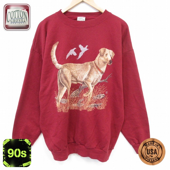 【20%OFF】長袖 スウェット 90s 犬 クルーネック USA製 バーガンディ メンズXL相当 | 古着