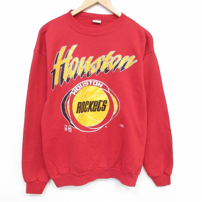 M★古着 長袖 スウェット メンズ 90年代 90s NBA ヒューストンロケッツ クルーネック レッド バスケットボール【spe】 26jun09