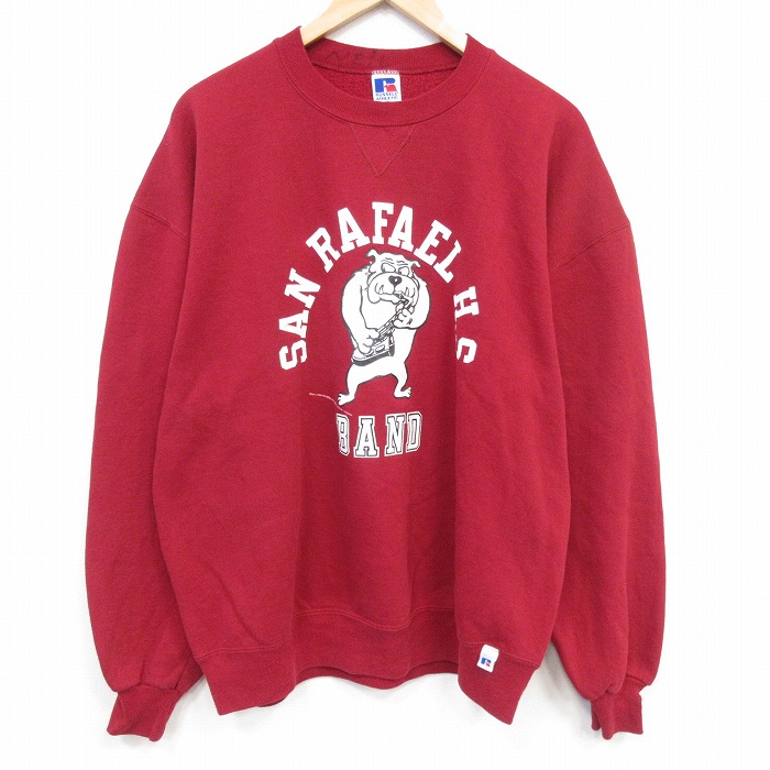 XL★古着 ラッセル 長袖 スウェット メンズ 90年代 90s ブルドッグ 大きいサイズ クルーネック USA製 レッド 26jun09