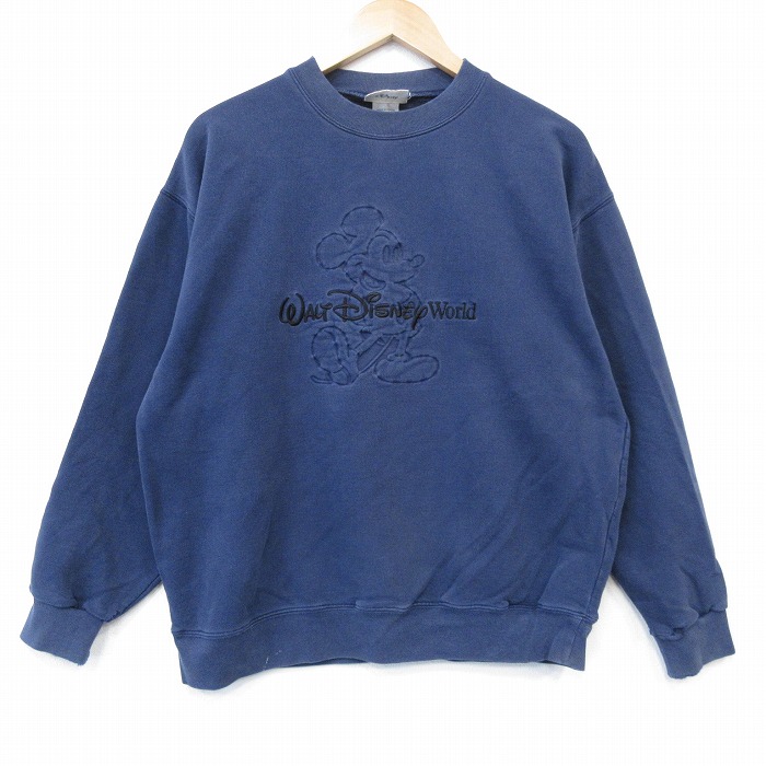 ディズニー 00s 長袖スウェット ミッキー刺繍 ネイビー メンズL相当 | 古着