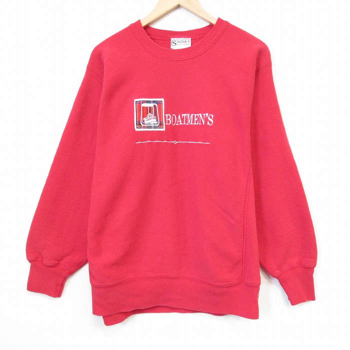 XL★古着 長袖 スウェット メンズ 90年代 90s 船 刺繍 リバースタイプ クルーネック レッド 26jun25