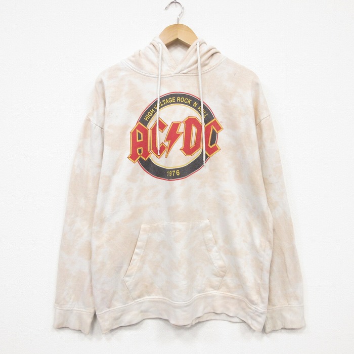 AC/DC 長袖スウェットパーカー ブリーチ加工 ベージュ メンズXL相当 | 古着