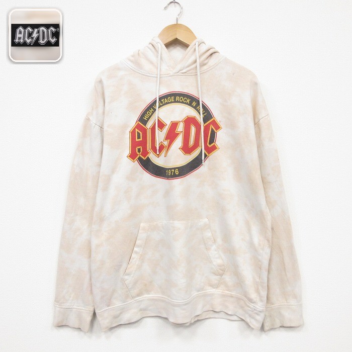 AC/DC 長袖スウェットパーカー ブリーチ加工 ベージュ メンズXL相当 | 古着