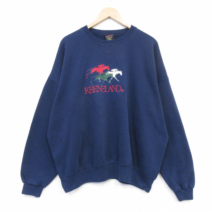 XL★古着 長袖 スウェット メンズ 90年代 90s 競馬 刺繍 大きいサイズ クルーネック USA製 ネイビー 26jul03