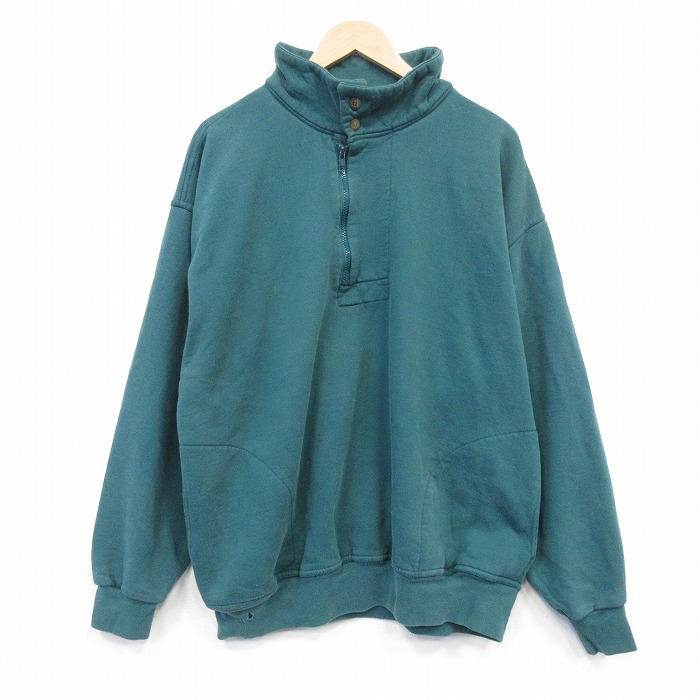 XL★古着 長袖 ハーフジップ スウェット メンズ 90年代 90s 無地 大きいサイズ USA製 グリーン 26jul03
