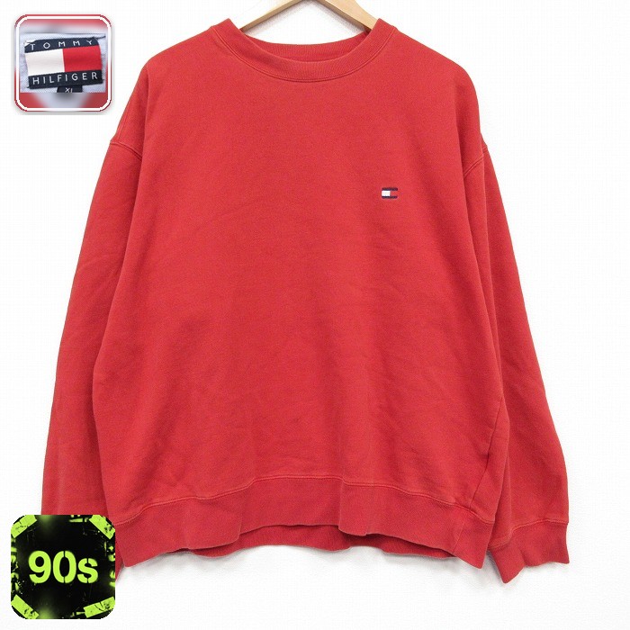 トミーヒルフィガー 90s 長袖スウェット ワンポイントロゴ レッド メンズXL相当 | 古着