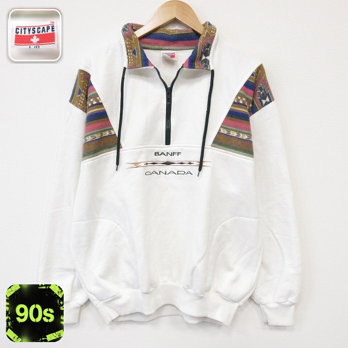 ハーフジップスウェット 90s BANFF ホワイト メンズXL相当 | 古着