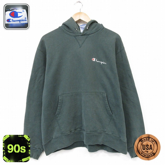 パーカー 90s 長袖スウェット ワンポイントロゴ グリーン メンズL相当 | 古着