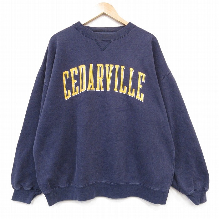 XL★古着 長袖 スウェット メンズ 90年代 90s CEDARVILLE 大きいサイズ クルーネック ネイビー 26jul27
