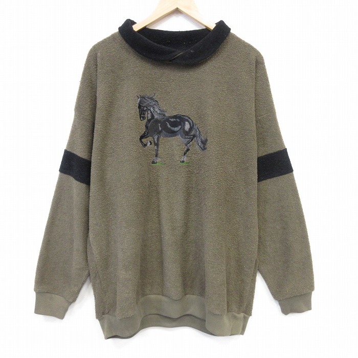XL★古着 ART UNLIMITED 長袖 スウェット メンズ 90年代 90s 馬 刺繍 大きいサイズ ポリエステル 襟付き USA製 ブラウン 26jul29