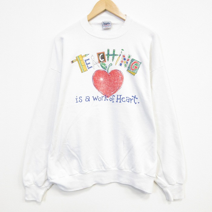 XL★古着 長袖 スウェット メンズ 90年代 90s リンゴ 大きいサイズ クルーネック USA製 ホワイト 26jul29