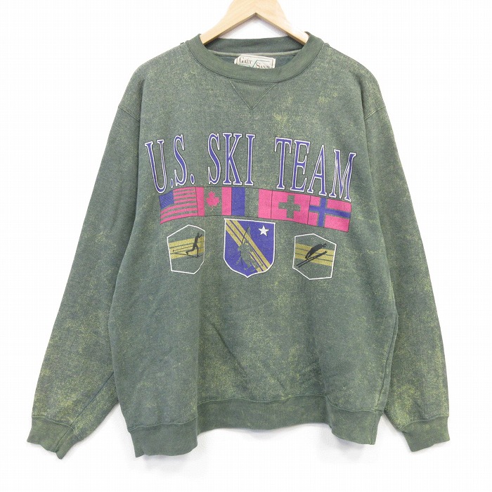 XL★古着 長袖 スウェット メンズ 90年代 90s スキー 大きいサイズ クルーネック カーキ ブリーチ加工 26jul31