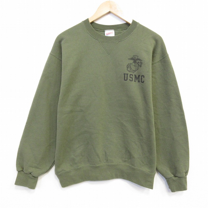 M★古着 長袖 スウェット メンズ 90年代 90s ミリタリー USMC クルーネック USA製 カーキ 26jul31
