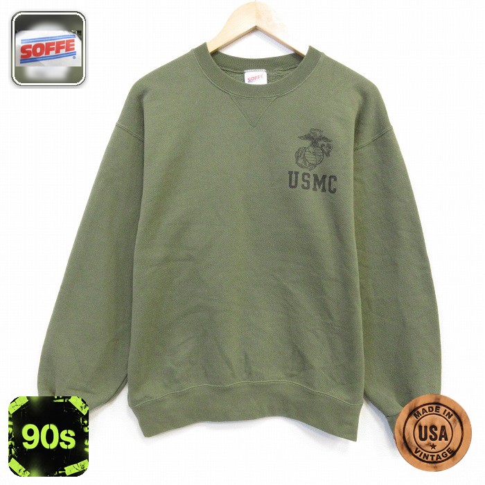 長袖 スウェット 90s ミリタリー USMC クルーネック USA製 カーキ メンズM相当 | 古着