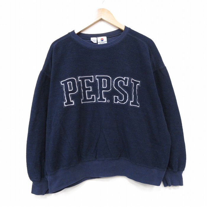 XL★古着 長袖 スウェット メンズ 00年代 00s ぺプシ 刺繍 大きいサイズ クルーネック ネイビー 26aug03