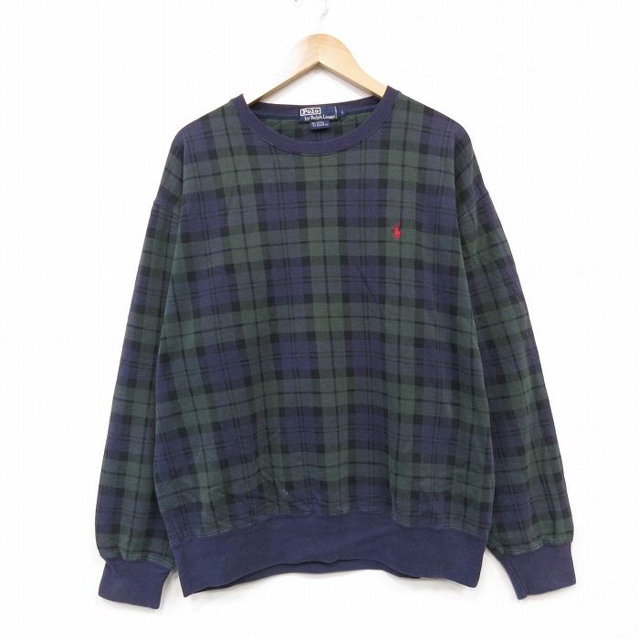 ラルフローレン 90s 長袖スウェット ワンポイントロゴ グリーンチェック メンズXL相当 | 古着