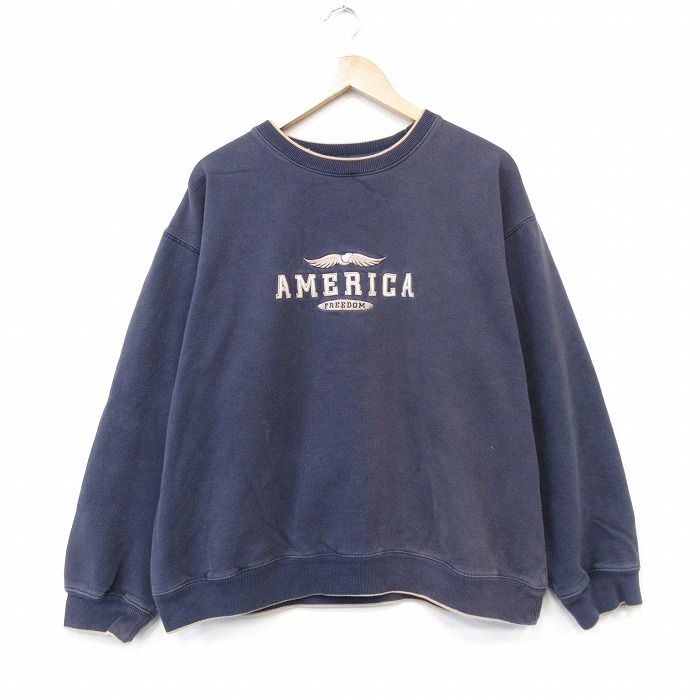 長袖スウェット AMERICA刺繍 ネイビー メンズXL相当 | 古着