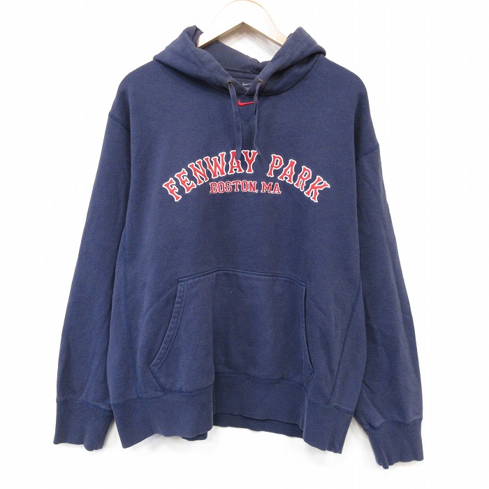 XL★古着 ナイキ 長袖 スウェット パーカー メンズ FENWAY PARK ししゅう 大きいサイズ ネイビー 26sep03