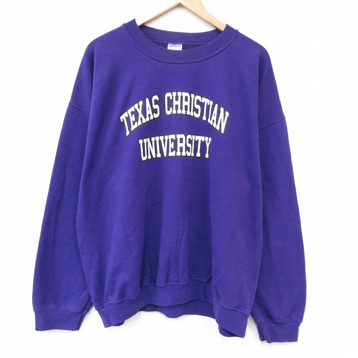 XL★古着 長袖 スウェット メンズ 00年代 00s テキサスクリスチャン大学 大きいサイズ クルーネック パープル 26sep03