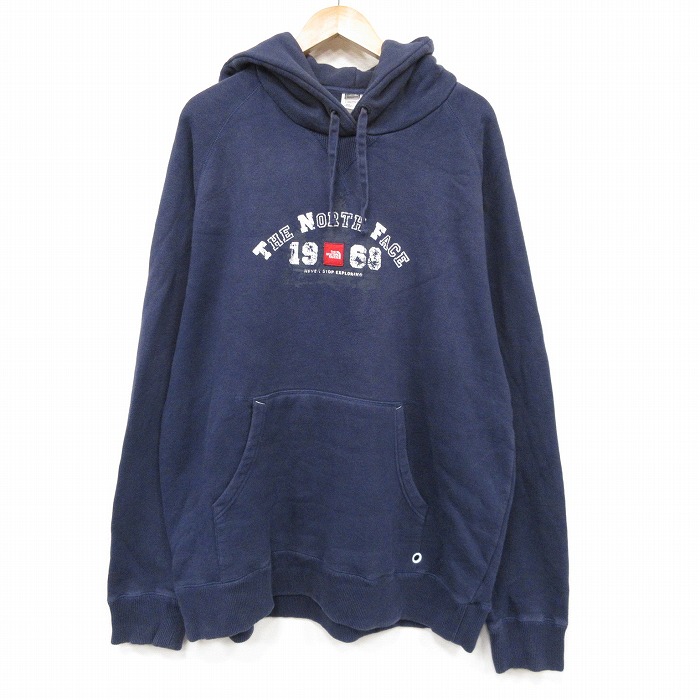 XL★古着 ノースフェイス 長袖 スウェット パーカー メンズ 00年代 00s ビッグロゴ 大きいサイズ ネイビー 26sep03