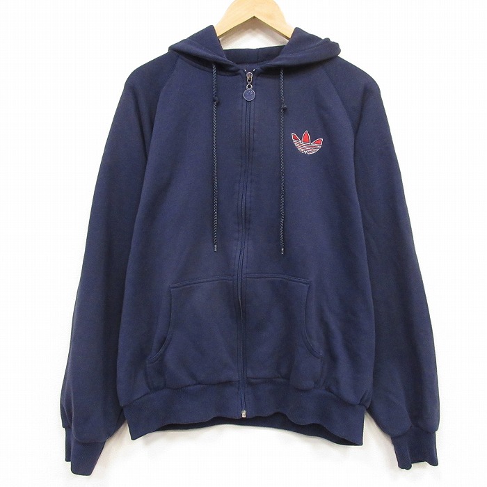 XL★古着 アディダス 長袖 フルジップ スウェット パーカー メンズ 90年代 90s ワンポイントロゴ トレフォイル 大きいサイズ ネイビー【spe】 26sep03