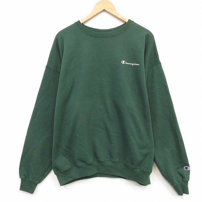 XL★古着 チャンピオン 長袖 スウェット メンズ 90年代 90s ワンポイントロゴ 大きいサイズ クルーネック グリーン 26sep03