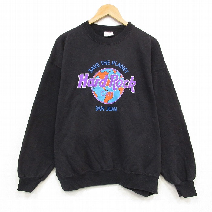 XL★古着 長袖 スウェット メンズ 90年代 90s ハードロックカフェ 大きいサイズ クルーネック USA製 ブラック 26sep03