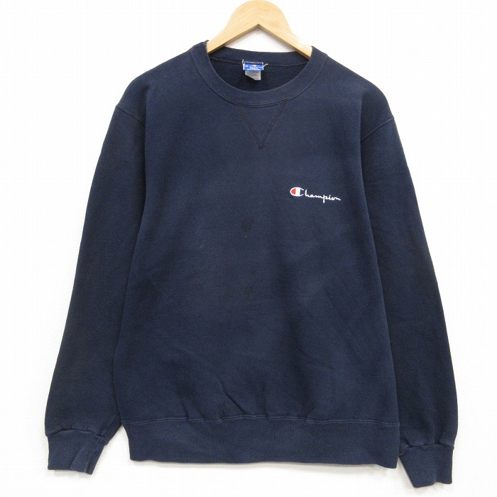 L★古着 チャンピオン 長袖 スウェット メンズ 90年代 90s ワンポイントロゴ クルーネック USA製 ネイビー 26sep03