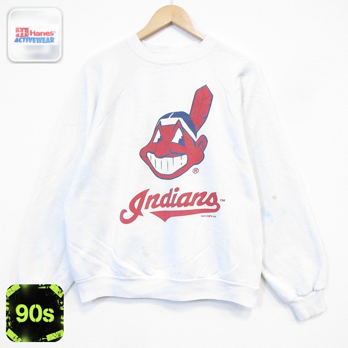 ヘインズ 90s 長袖スウェット MLBクリーブランドインディアンス ホワイト メンズL相当 | 古着