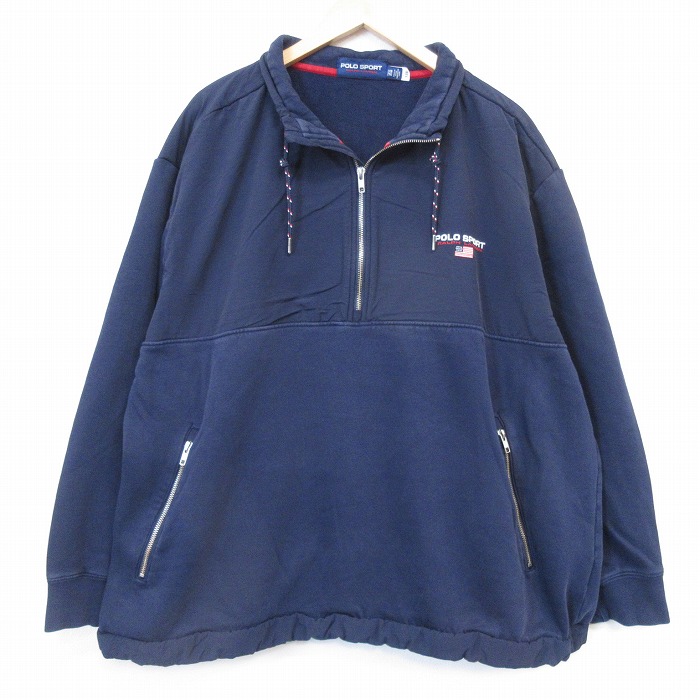 XL★古着 ラルフローレン ポロスポーツ 長袖 ブランド ハーフジップ スウェット メンズ ワンポイントロゴ 大きいサイズ ネイビー【spe】 26sep04