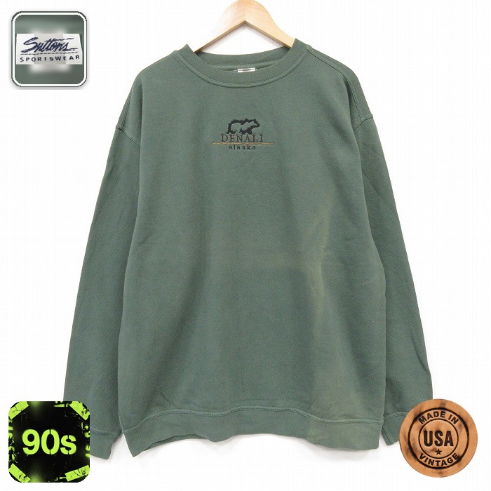 長袖 トップス 90s DENALI コットン クルーネック USA製 グリーン メンズXL相当 | 古着