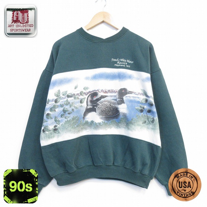 長袖 スウェット 90s 鳥 クルーネック USA製 グリーン メンズXL相当 | 古着